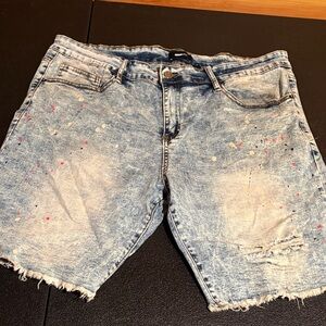 Distressed Denim Shorts with Paint Splatter
